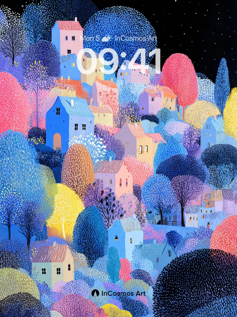 Starry Night Village Wallpaper with Textured Trees