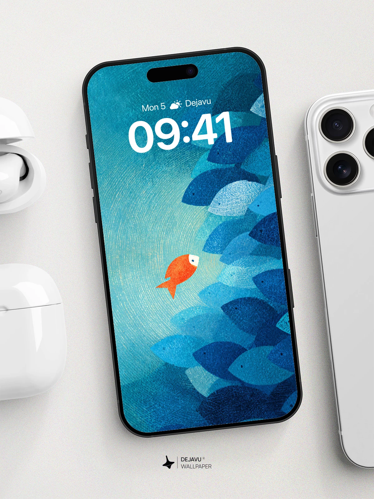 Bold Orange Fish Among Blue School Wallpaper 8K for iPhone and Android