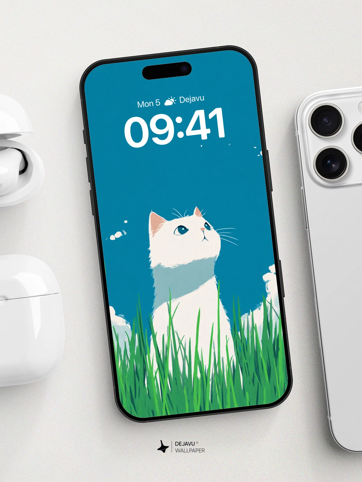 White Cat in Grass 8K Wallpaper for iPhone and Android