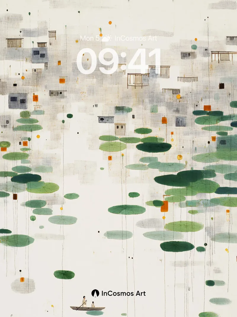 Serenity Lotus Wallpaper with Floating Houses