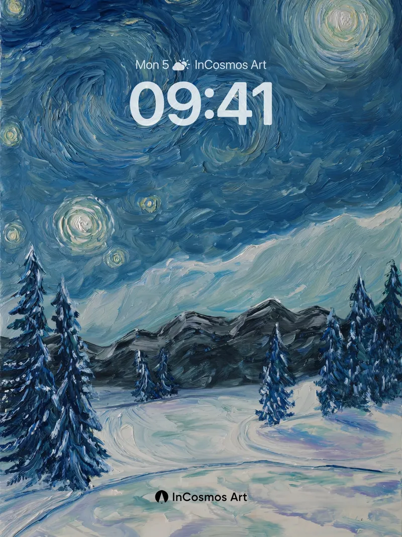 Swirling Starry Night Wallpaper with Icy Pines