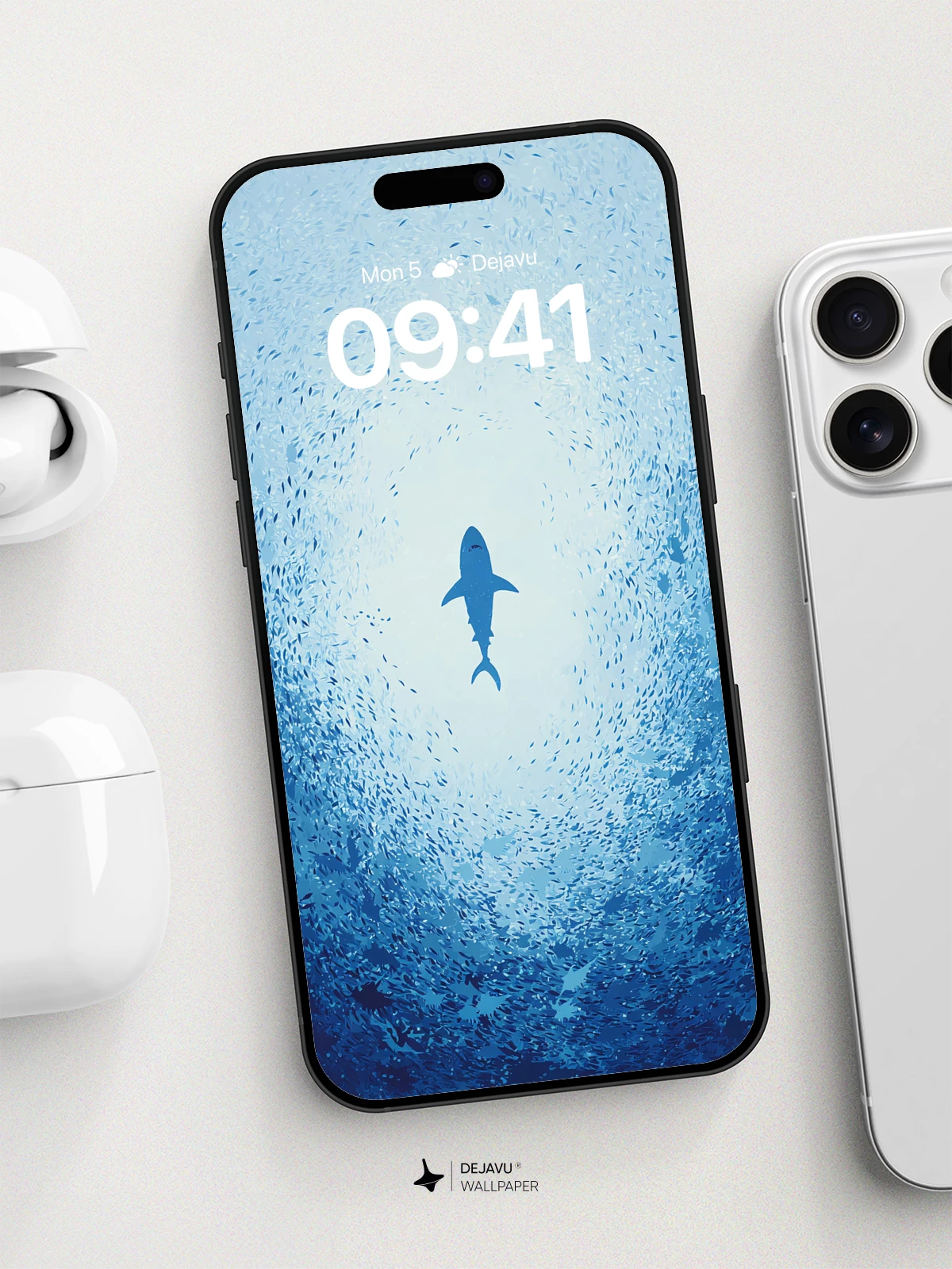 Shark in Blue Vortex Wallpaper 8K