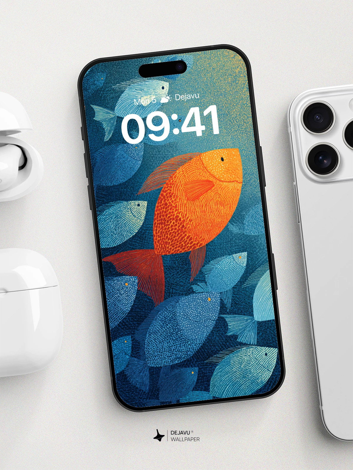 Vibrant Orange Fish Amid Blue School Wallpaper 8K for iPhone and Android