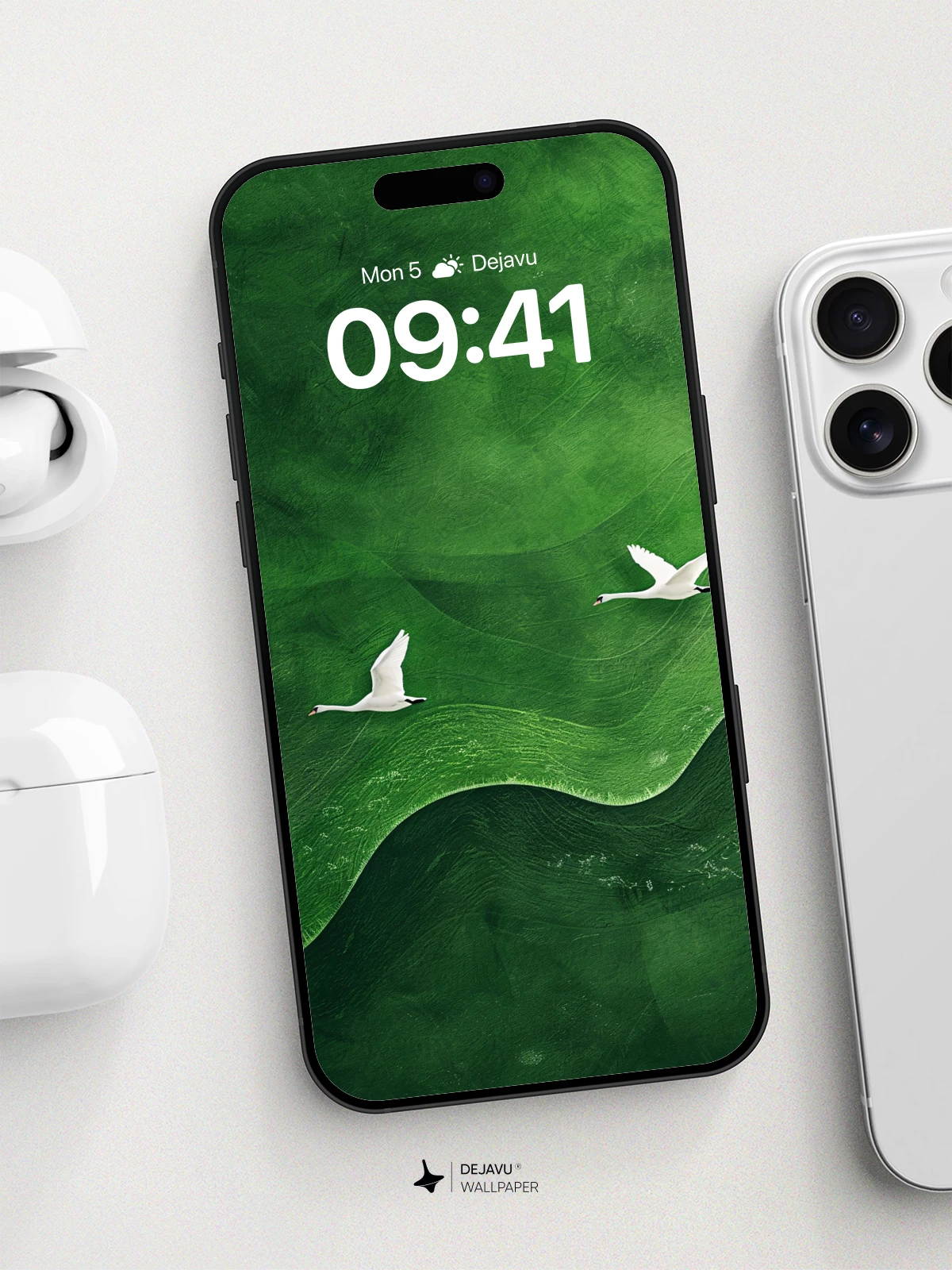 White Swans Over Green Waves Wallpaper 8K