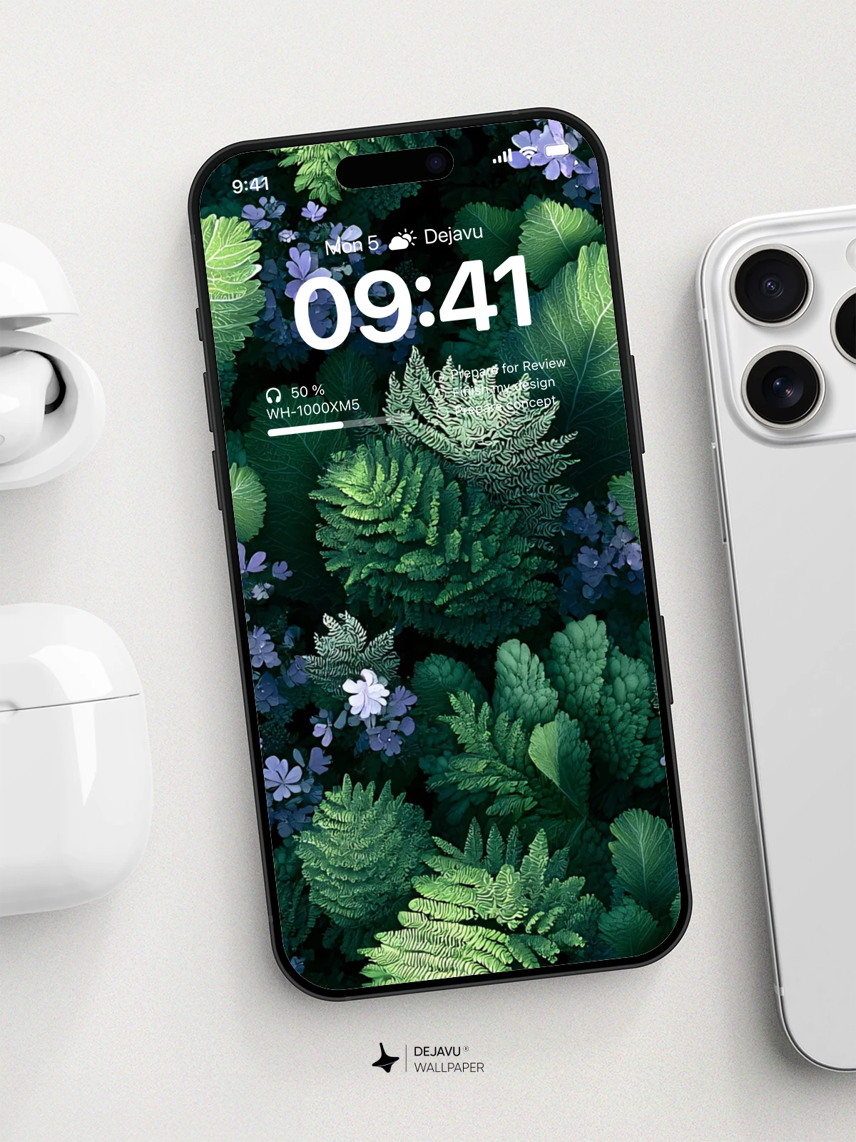 Lush Green Ferns and Purple Flowers Wallpaper 8K