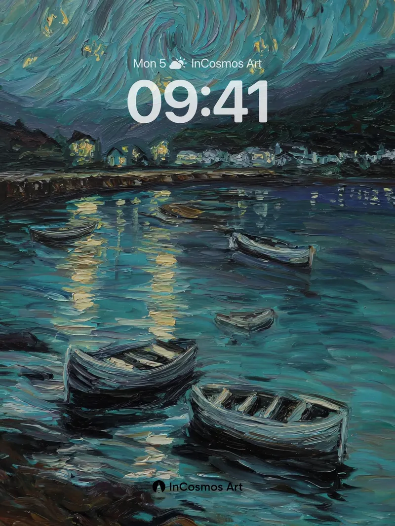 Swirling Starlight Night Wallpaper with Boats