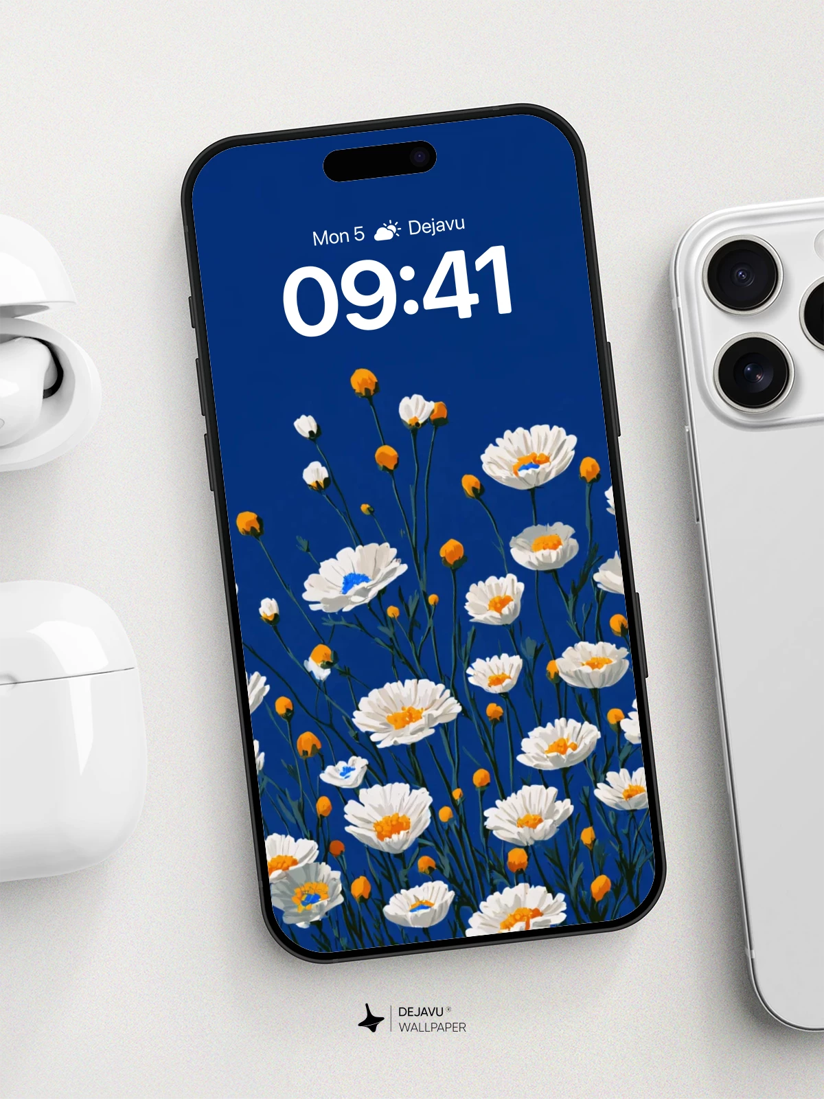 White Daisies on Blue Wallpaper 8K