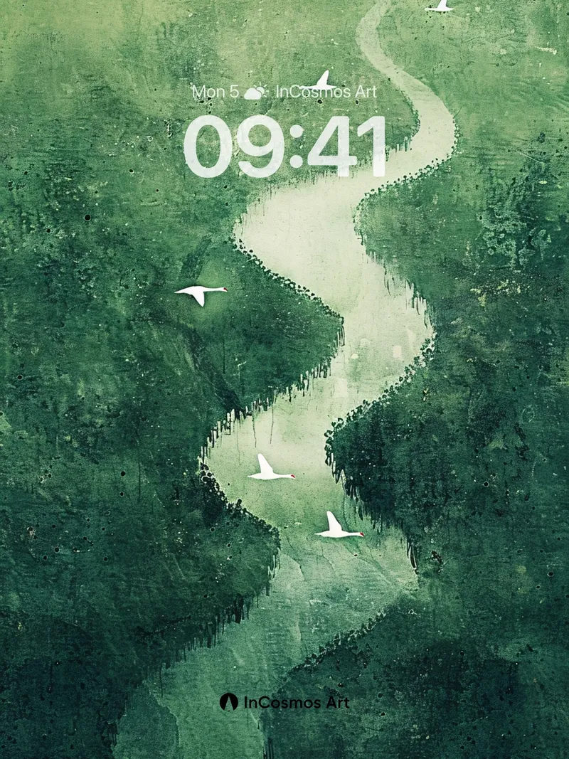 Serene Jade River Wallpaper with Flying Birds