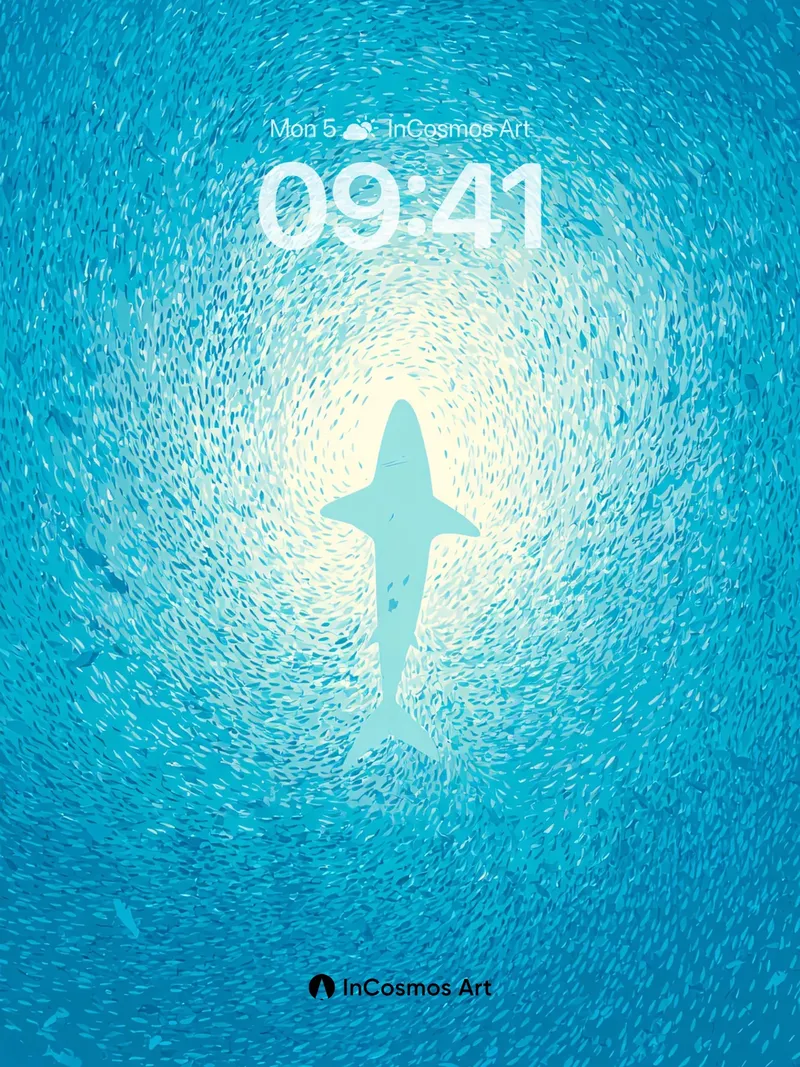 Serene Blue Depths Wallpaper with Schooling Fish