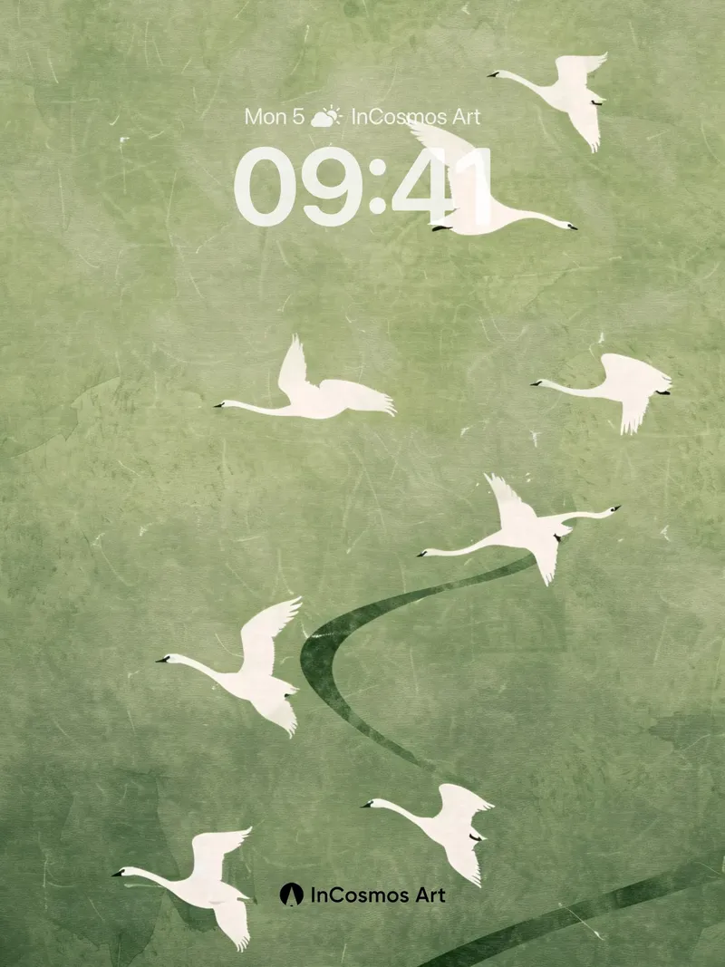 Serene Swan Migration Wallpaper in Misty Green