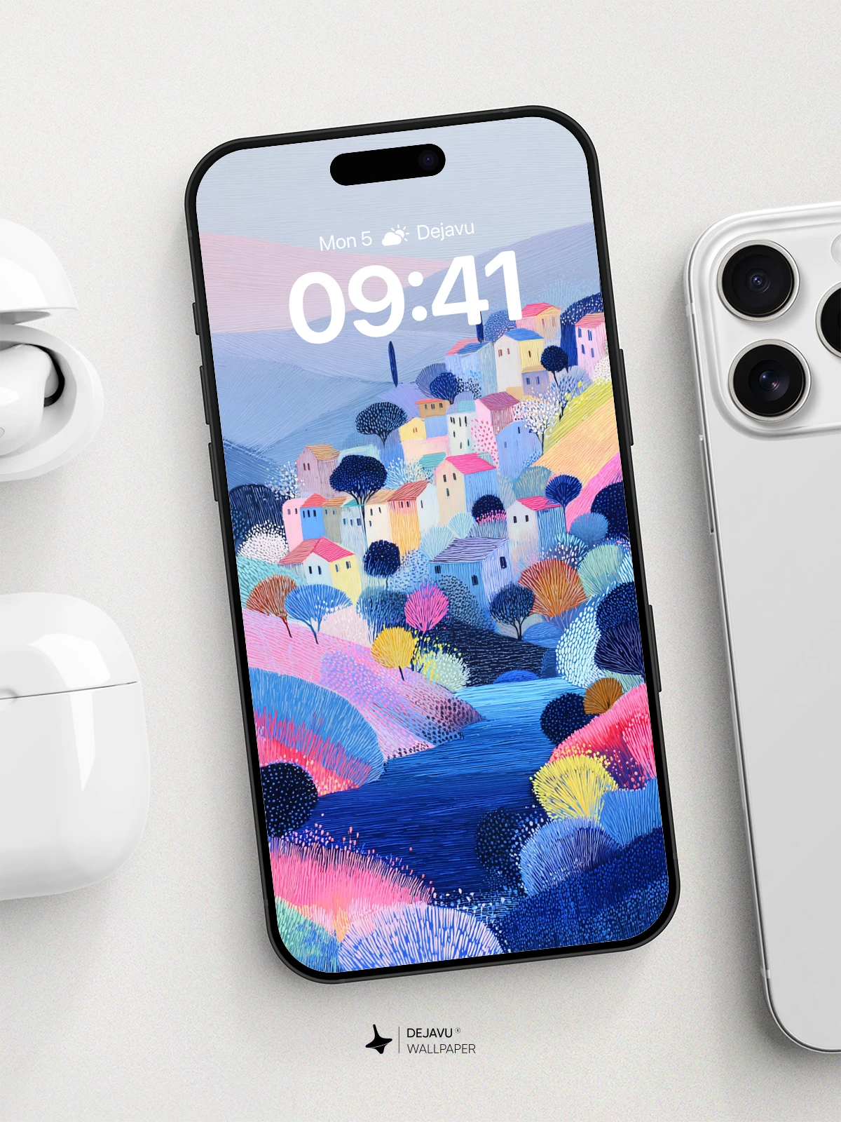 Pastel Village Hillside Wallpaper 8K