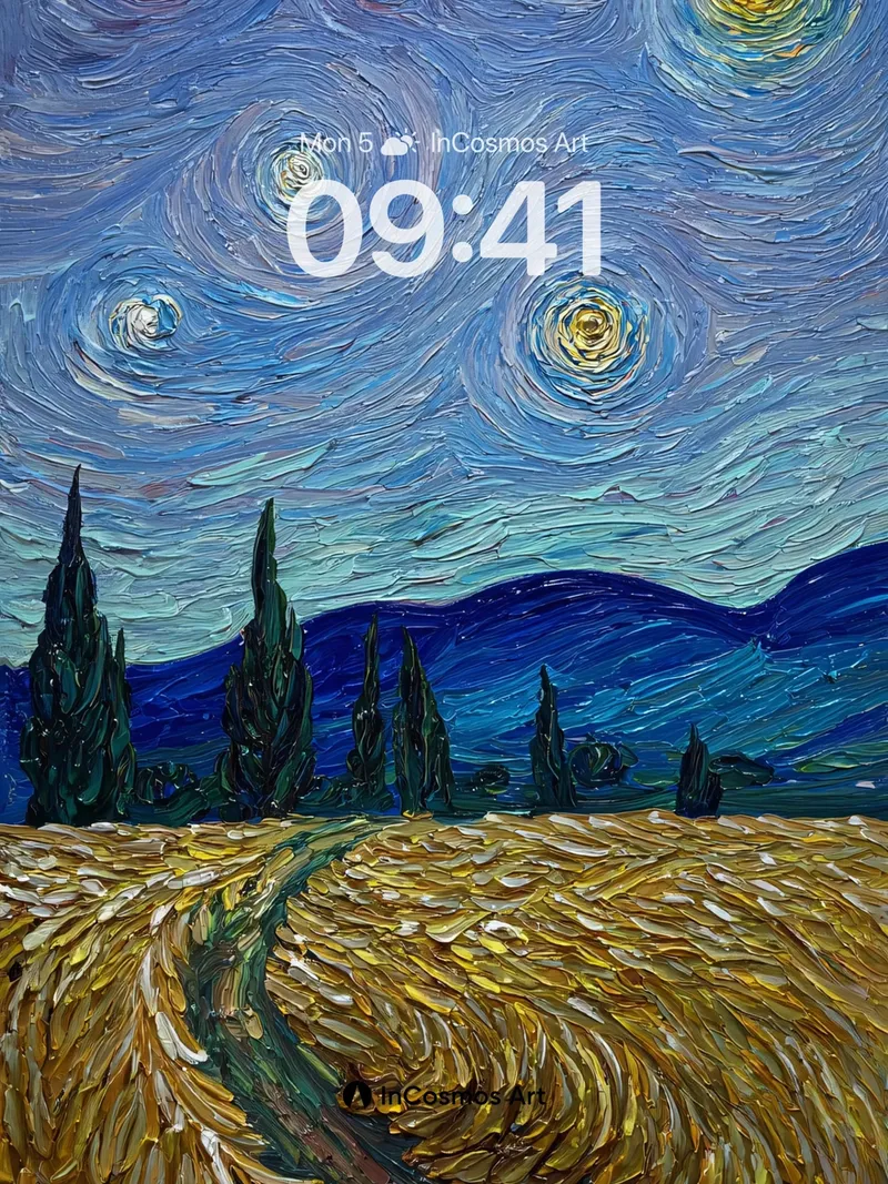 Swirling Night Sky Wallpaper with Golden Wheat