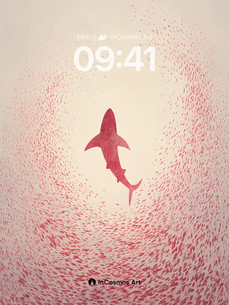 Suspended Red Shark in Abstract Flow Wallpaper