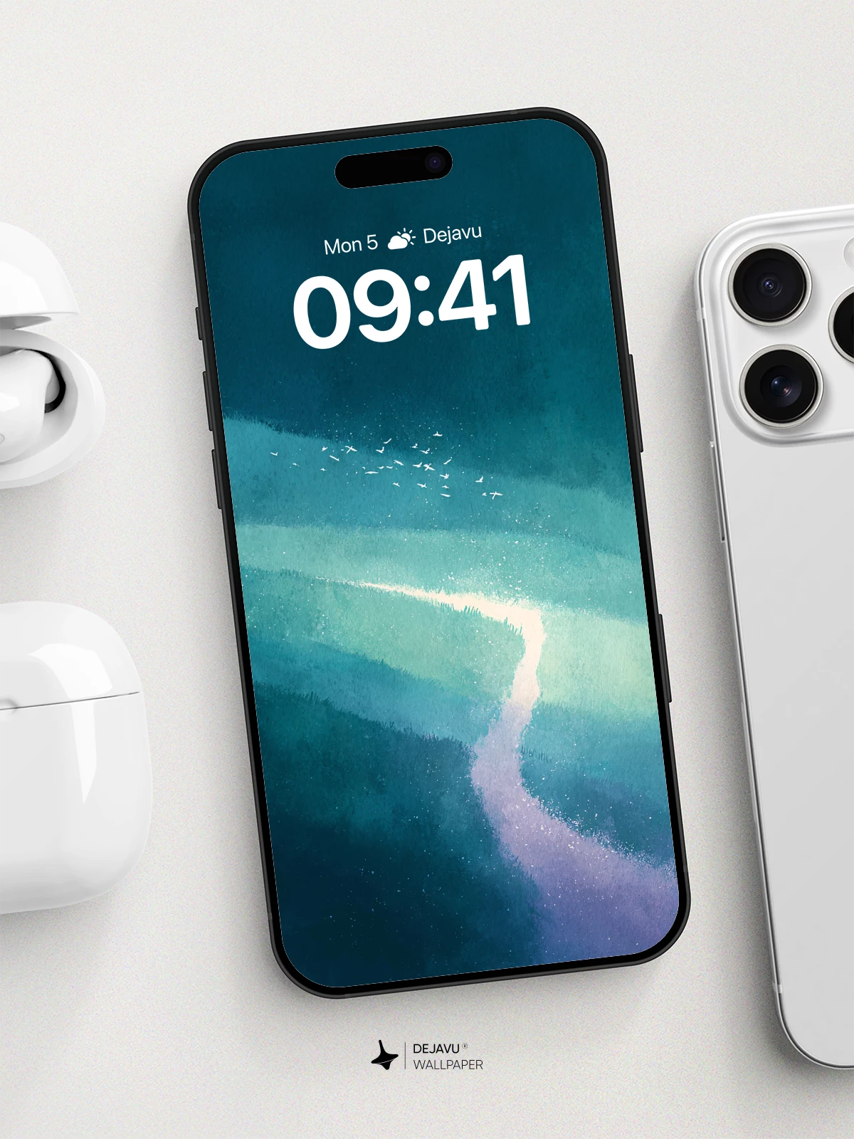 Teal Horizon and Bird Flock 8K Wallpaper for iPhone and Android