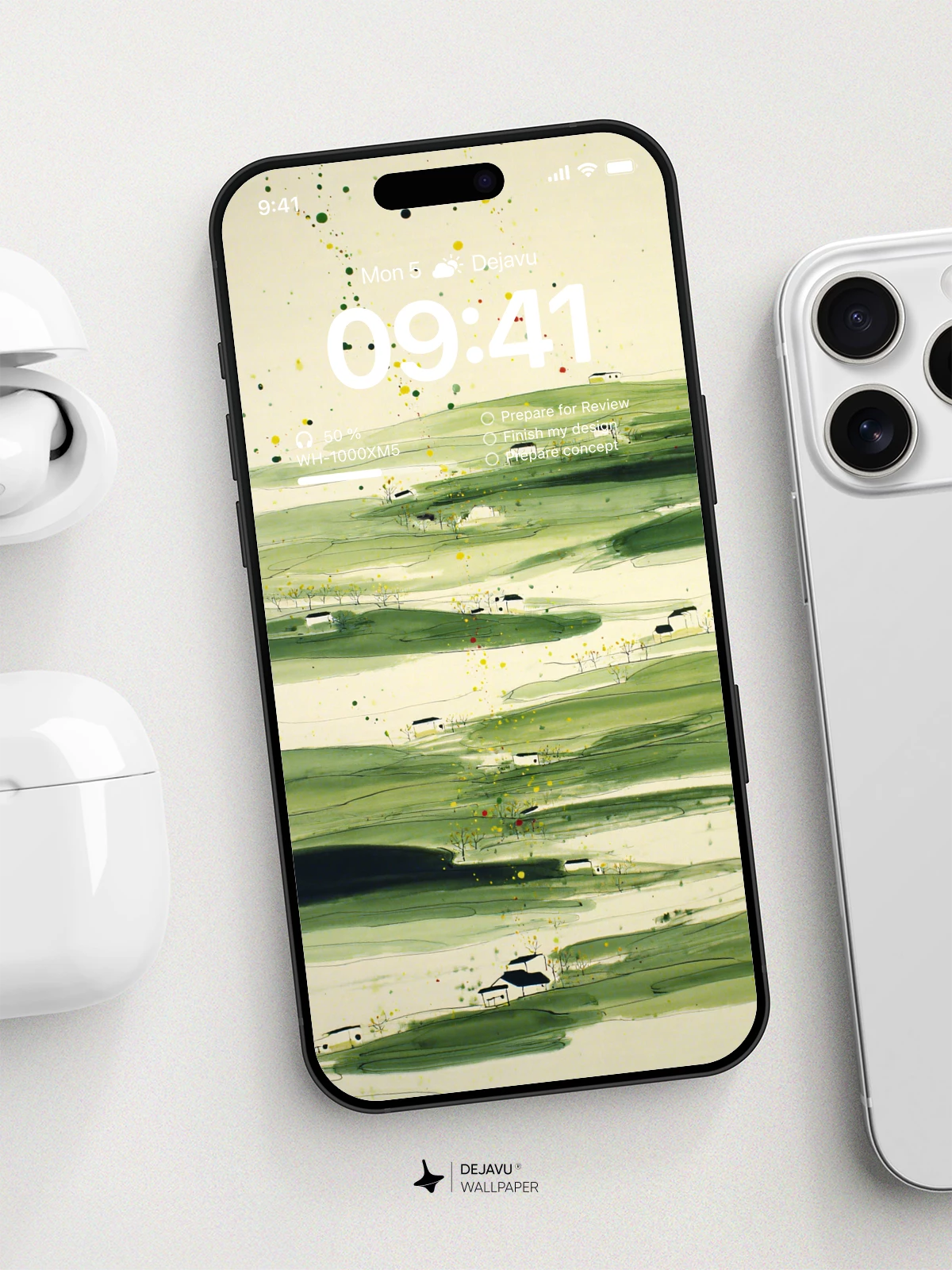 Watercolor Green Hills and Splatter Wallpaper 8K