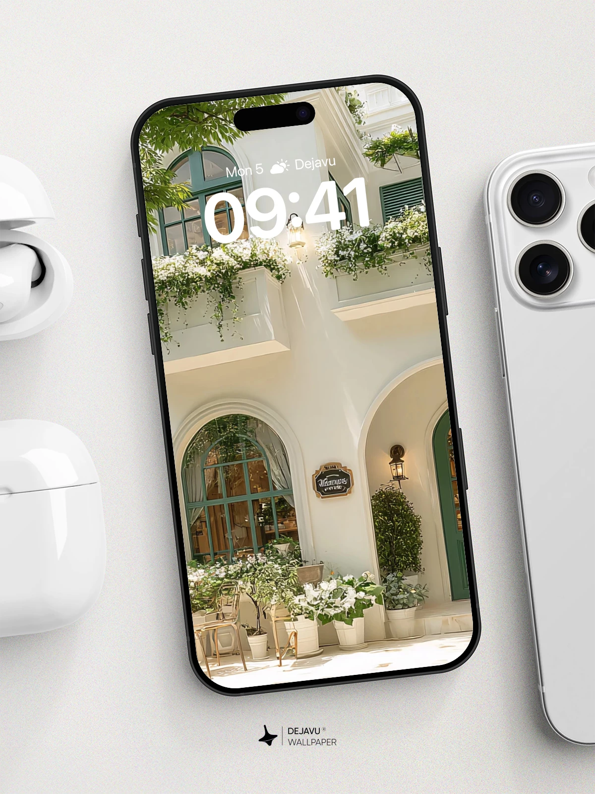 White Mediterranean Garden House 8K Wallpaper for iPhone and Android
