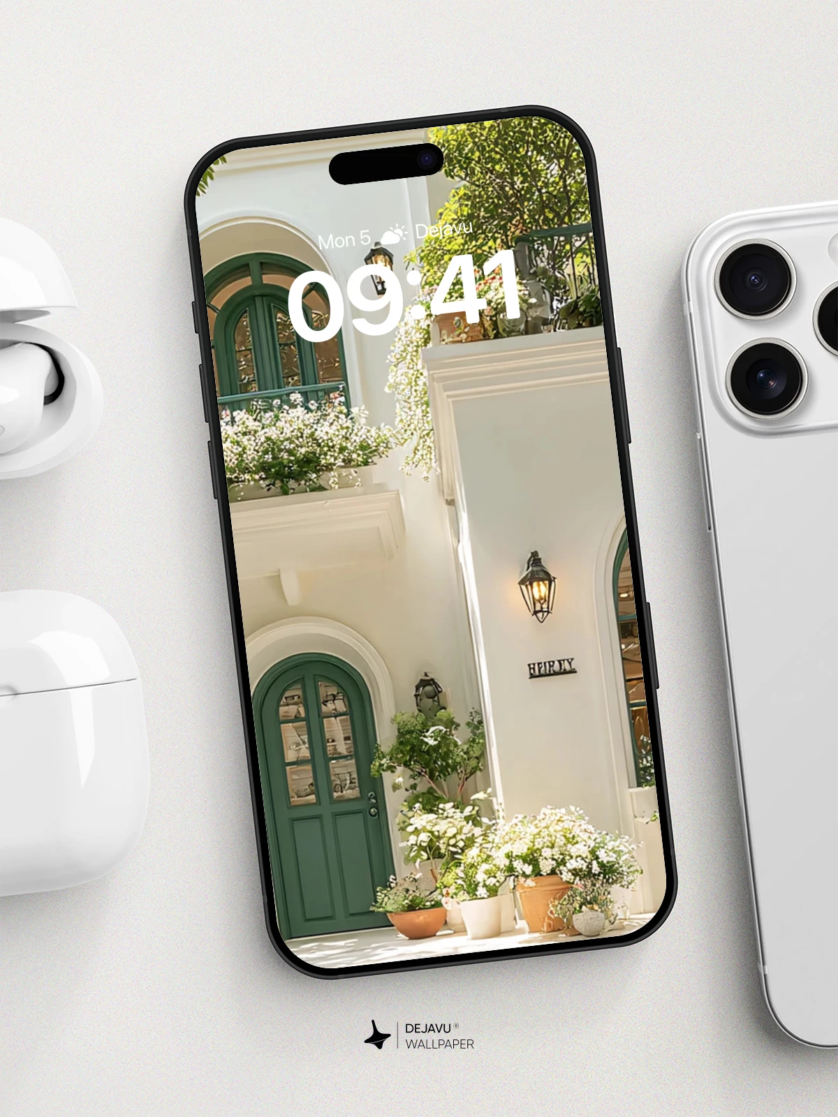 White Mediterranean Villa with Green Doors Wallpaper 8K