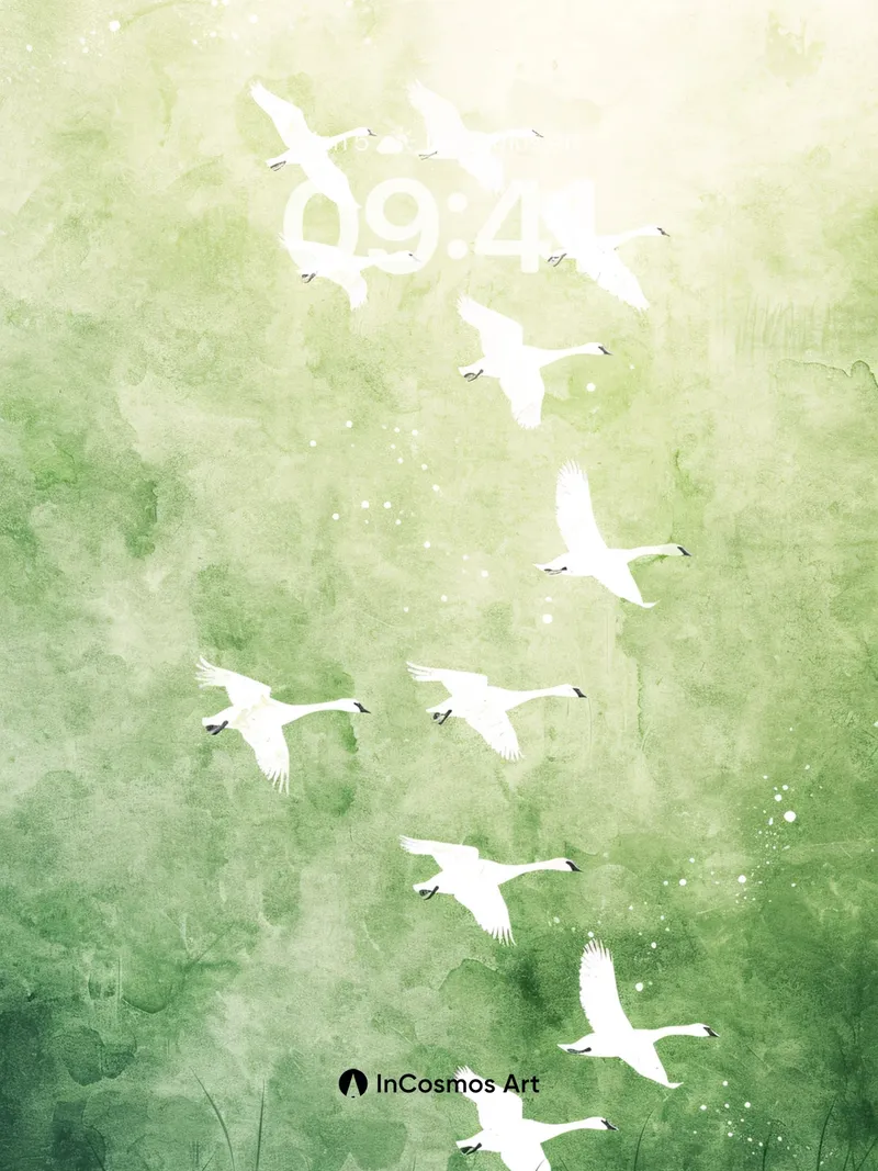 Serene Swan Migration Wallpaper in Misty Green