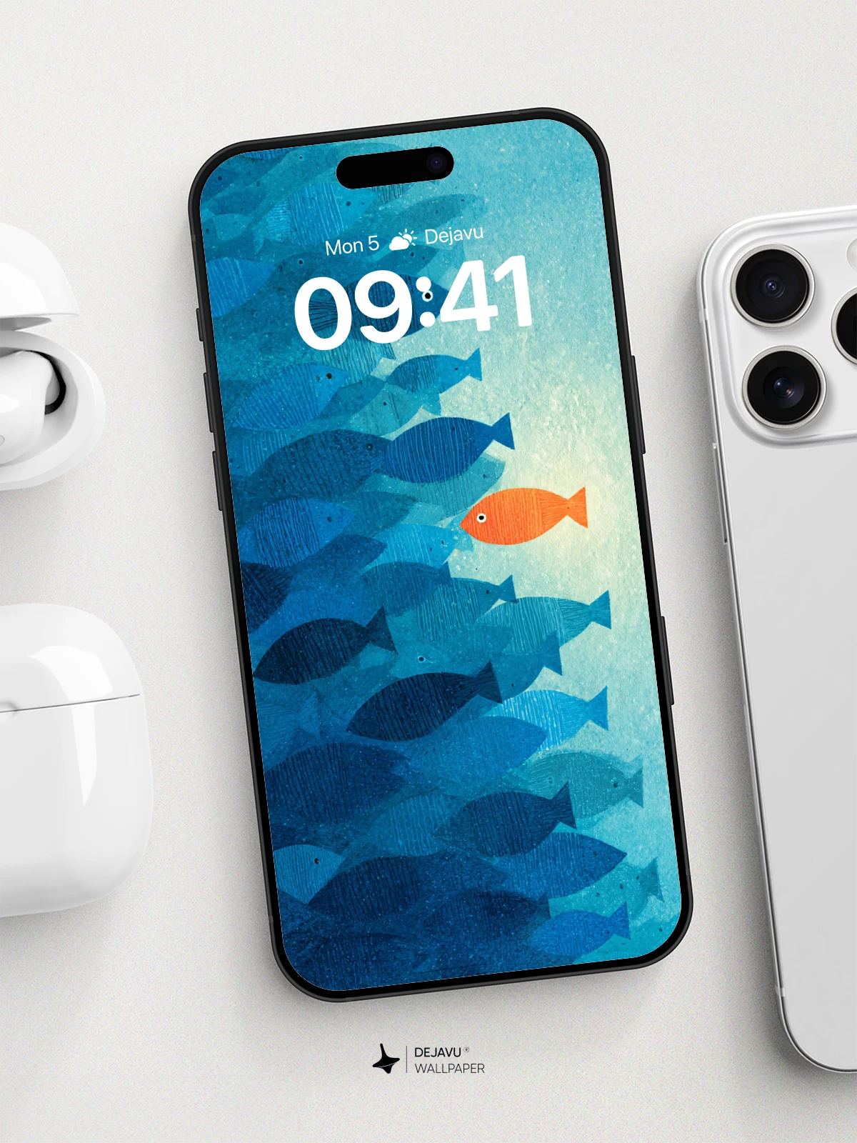 Orange Fish Among Blue School Wallpaper 8K for iPhone and Android