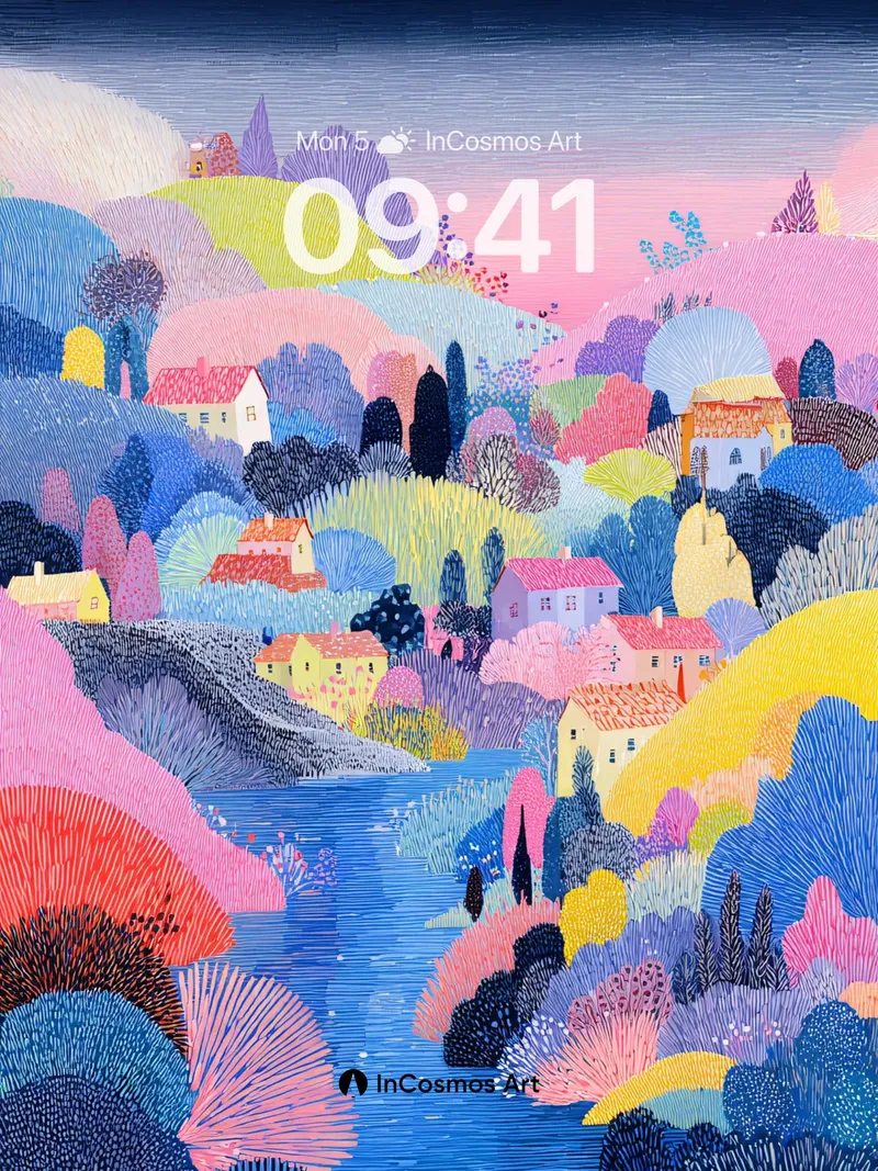 Pastel Village Dream Wallpaper with Textured Hills