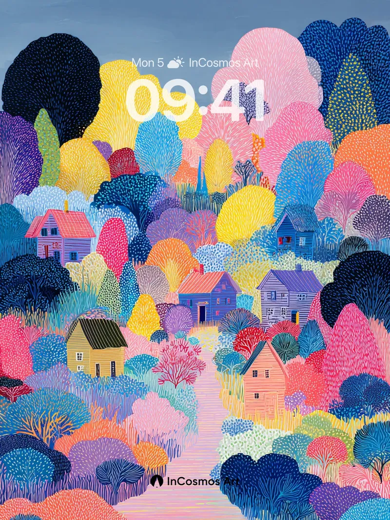 Whimsical Village Wallpaper with Colorful Trees