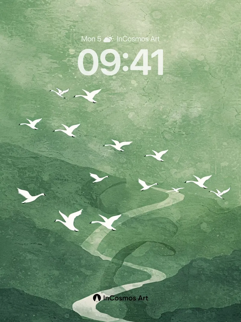 Serene Mist River Background with Flying Birds