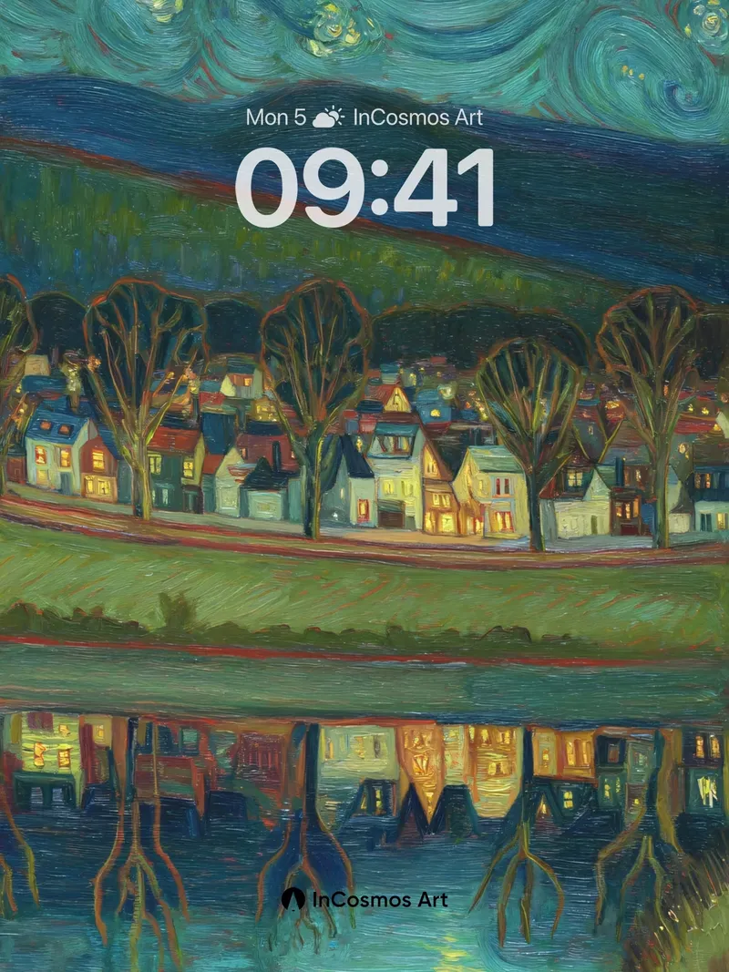 Swirling Starlight Village Wallpaper with River Reflection