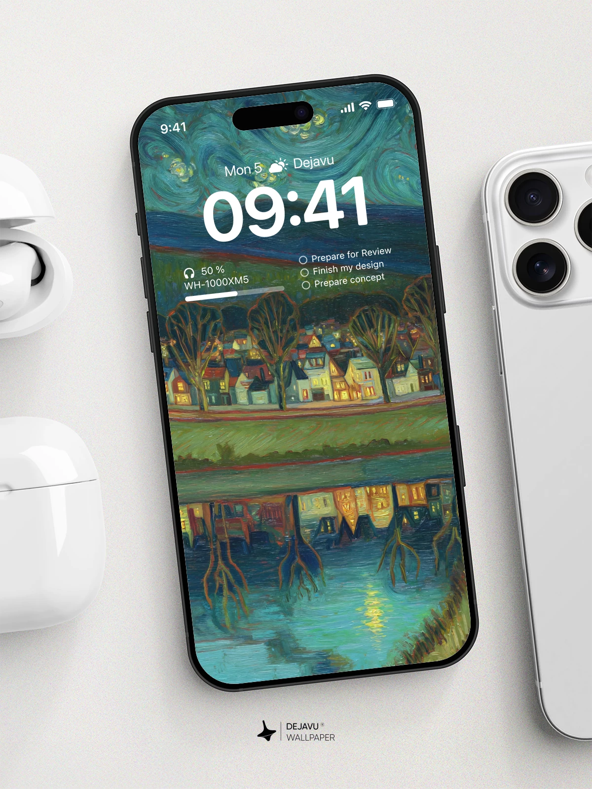 Van Gogh Starry Night Village Reflection 8K Wallpaper