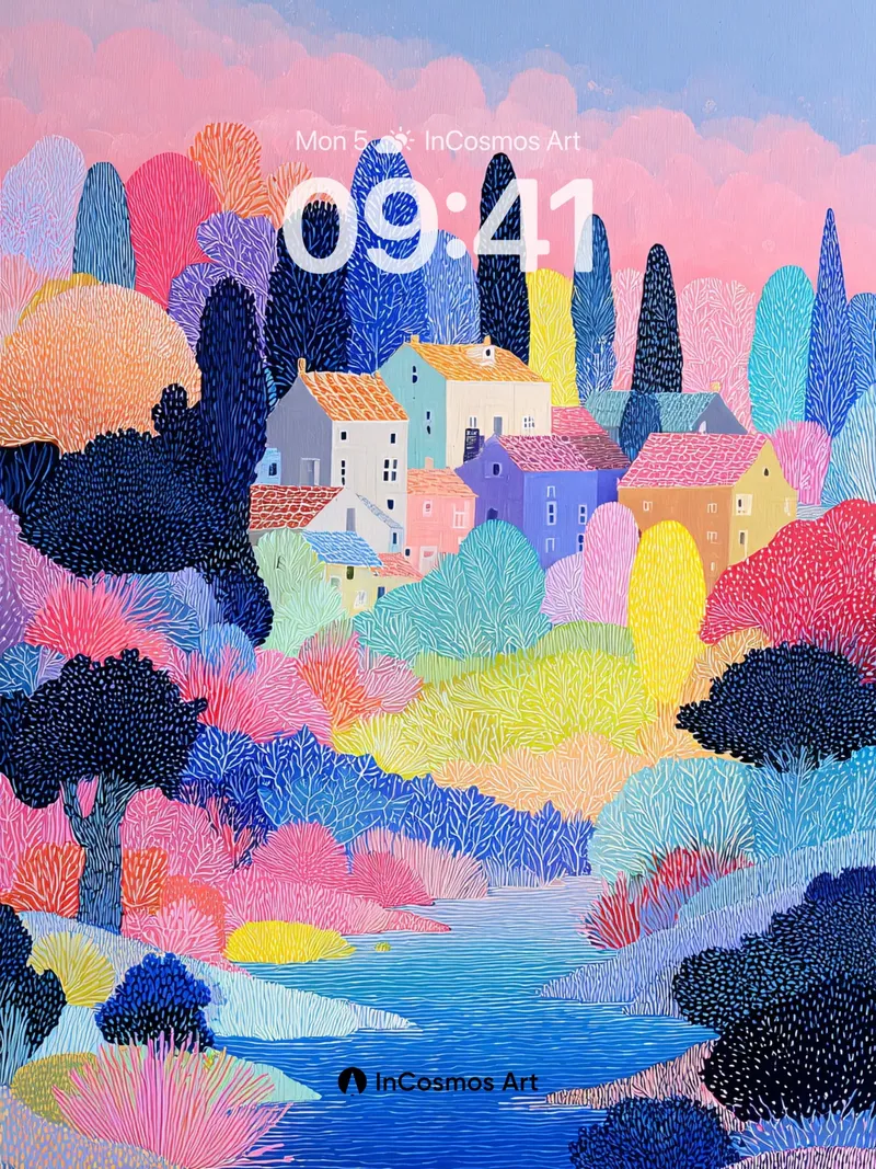 Pastel Dream Village Wallpaper with Layered Hills