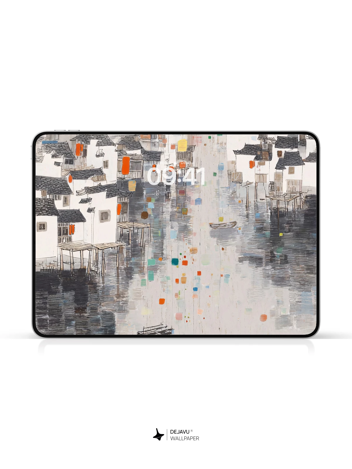 Wu Guanzhong Inspired Water Village Wallpaper 8K