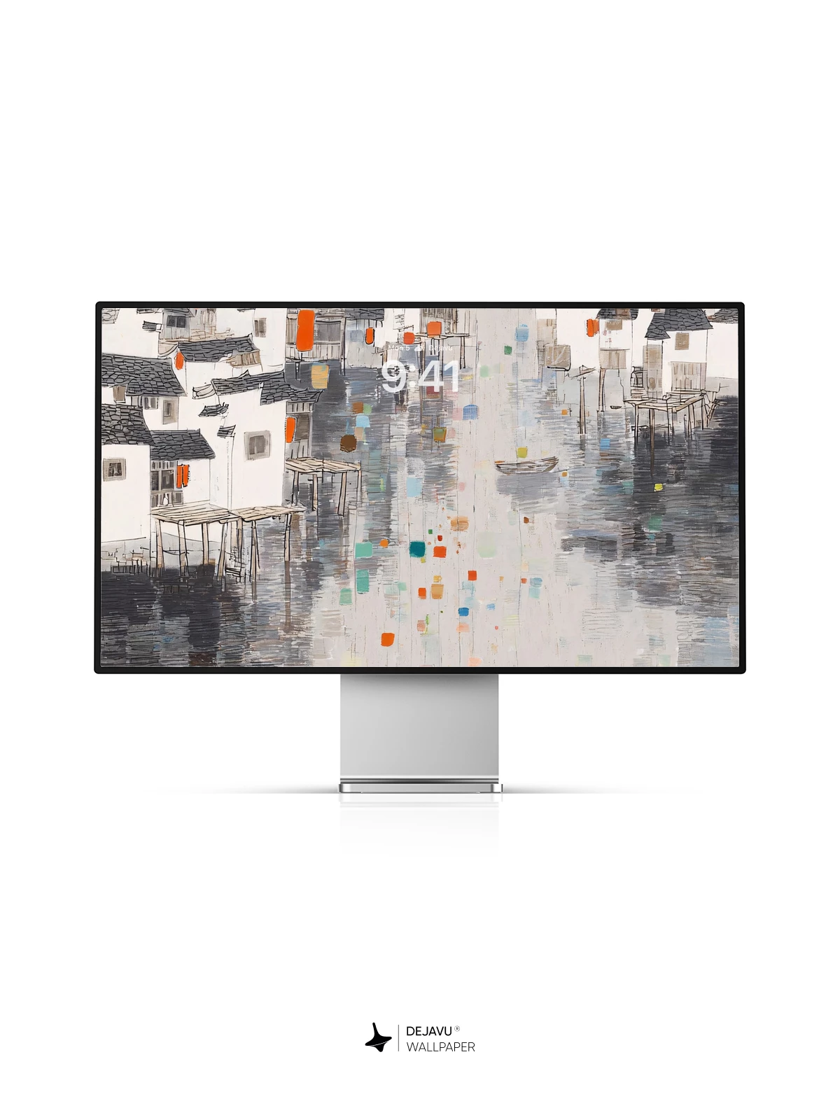 Wu Guanzhong Inspired Water Village Wallpaper 8K