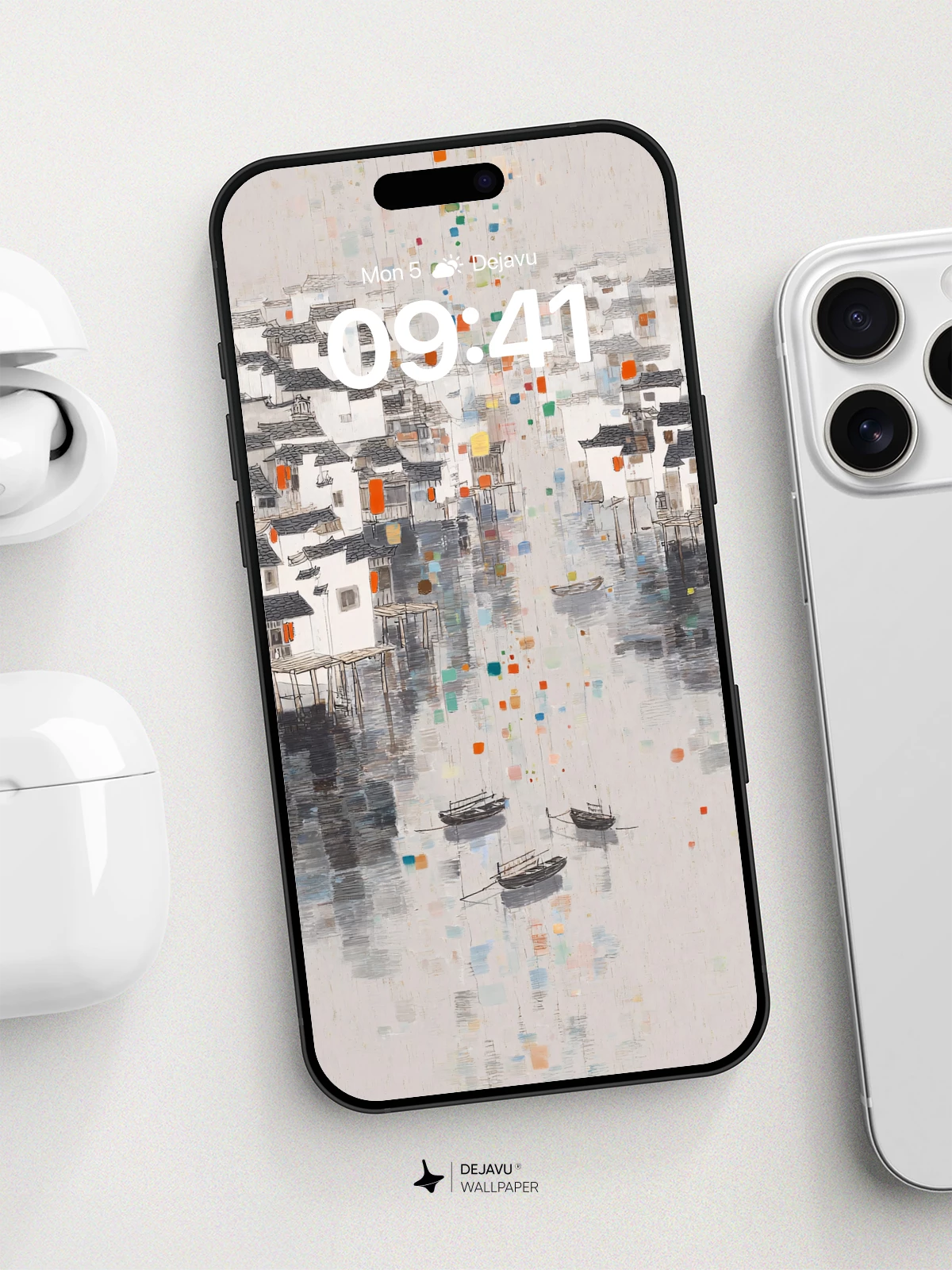 Wu Guanzhong Inspired Water Village Wallpaper 8K