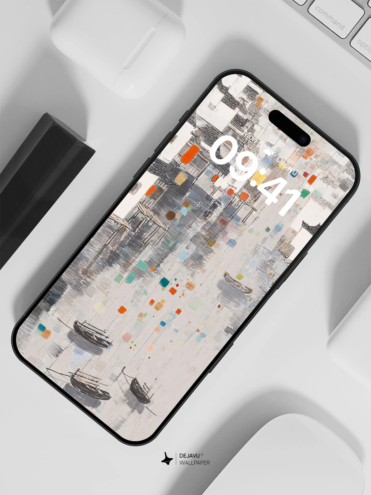 Wu Guanzhong Inspired Water Village Wallpaper 8K