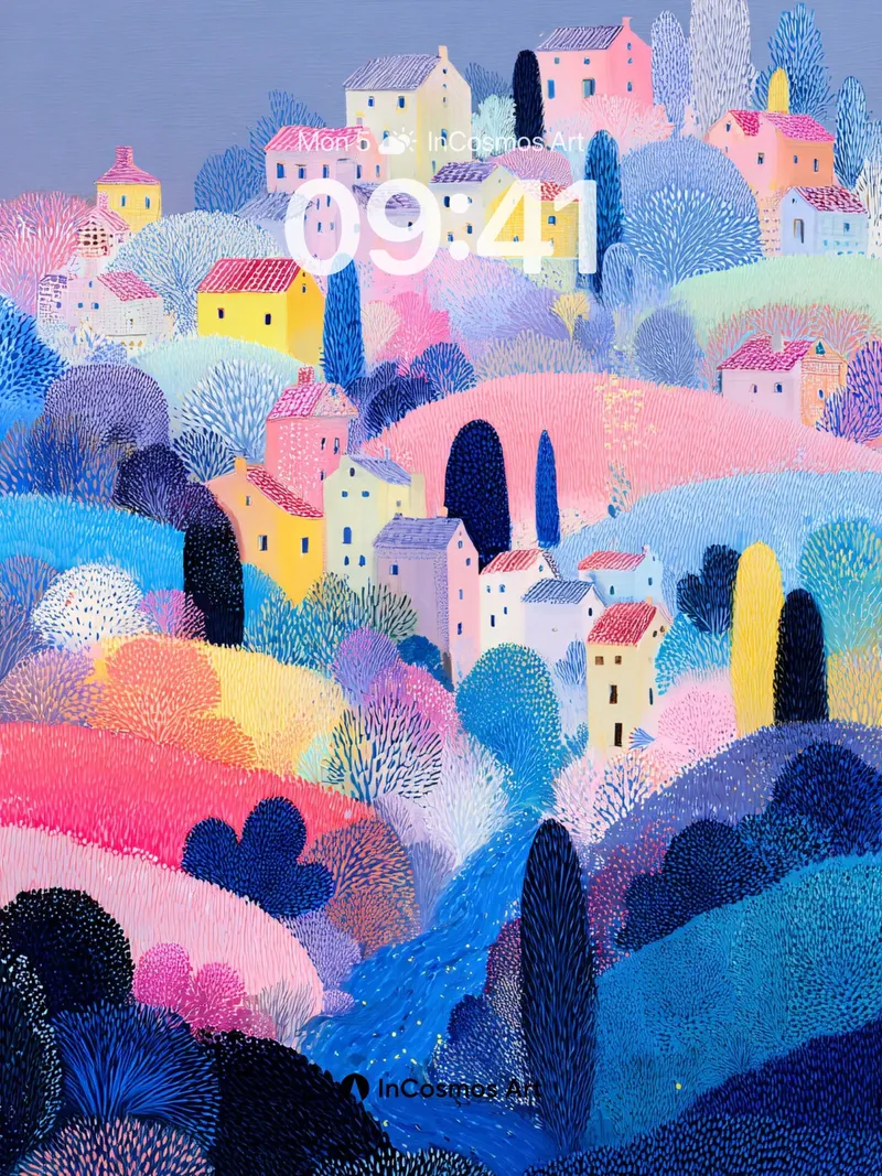 Pastel Hillside Village Wallpaper with Textured Dots
