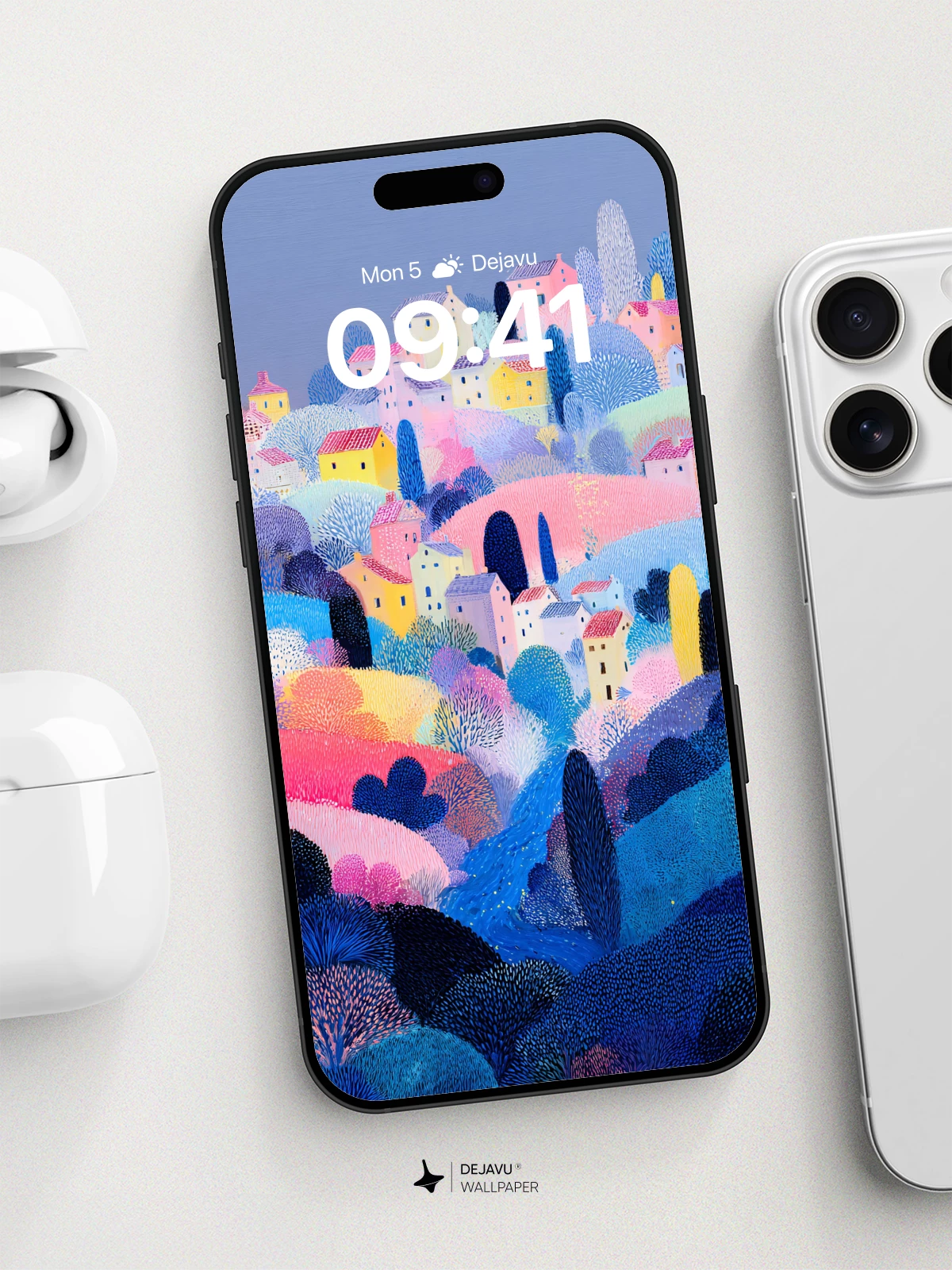 Pastel Village Hillside Wallpaper 8K