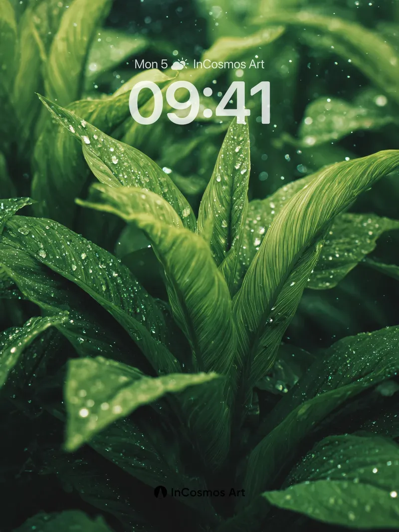 Emerald Whisper Wallpaper with Dew-Kissed Leaves