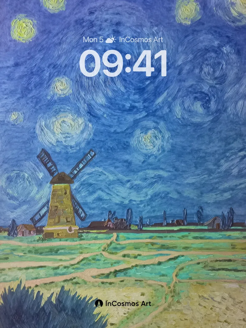 Swirling Starlight Windmill Wallpaper with Impasto Sky