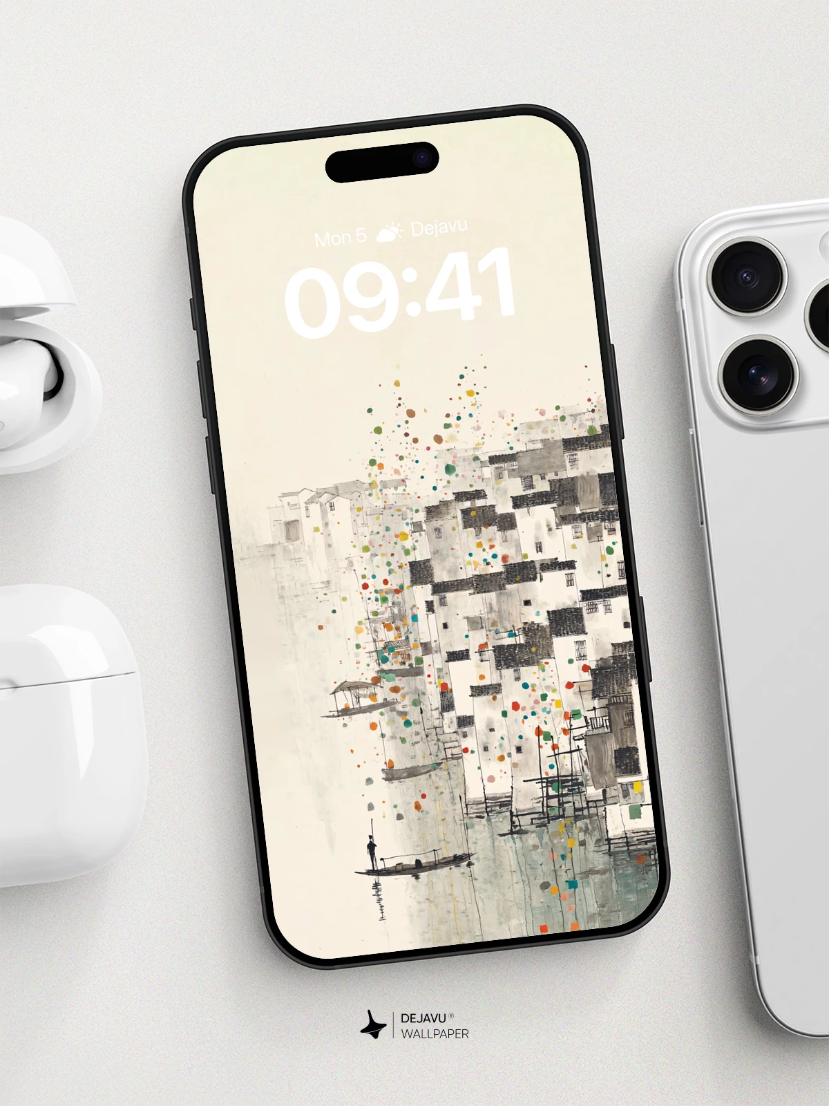 Wu Guanzhong Style Abstract Ink Village 8K Wallpaper