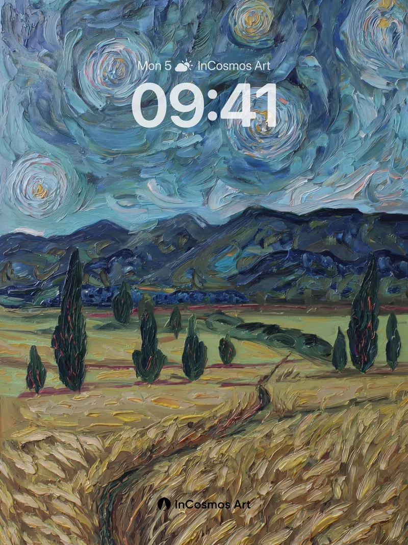 Starry Night Swirls Wallpaper with Golden Fields