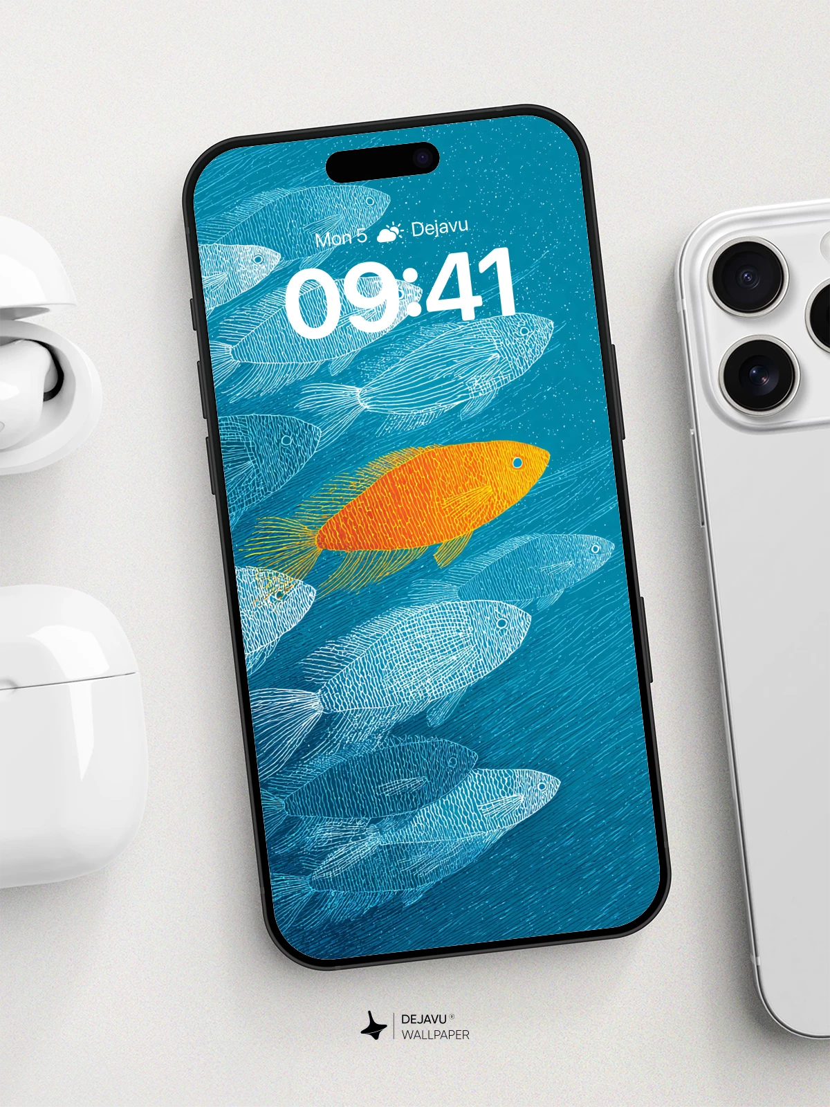 Orange Fish Among Blue School Wallpaper 8K for iPhone and Android