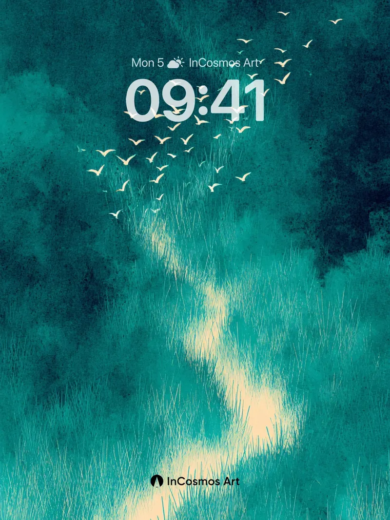 Serene Teal Pathway Background with Bird Flock