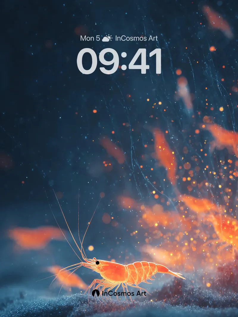 Deep Sea Amber Shrimp Wallpaper with Bioluminescent Dust