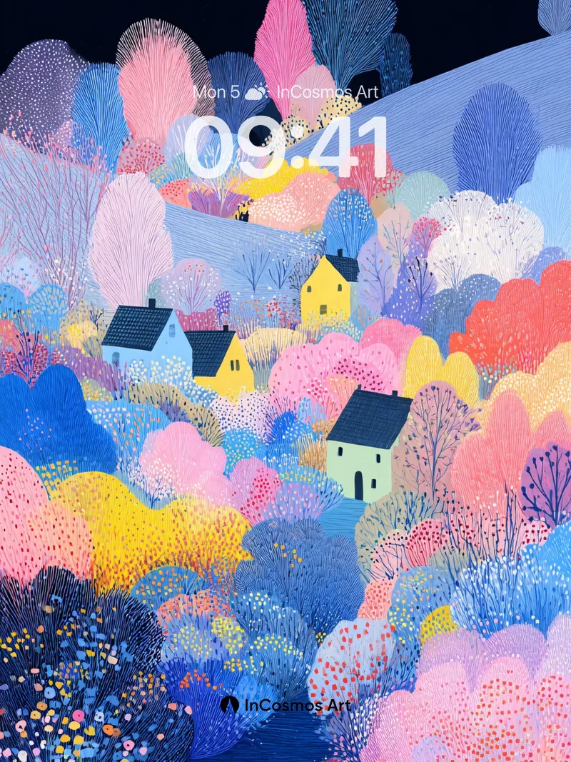Pastel Village Wallpaper with Dreamy Trees