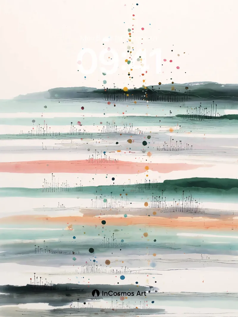 Serene Watercolor Horizon Wallpaper with Abstract Dots