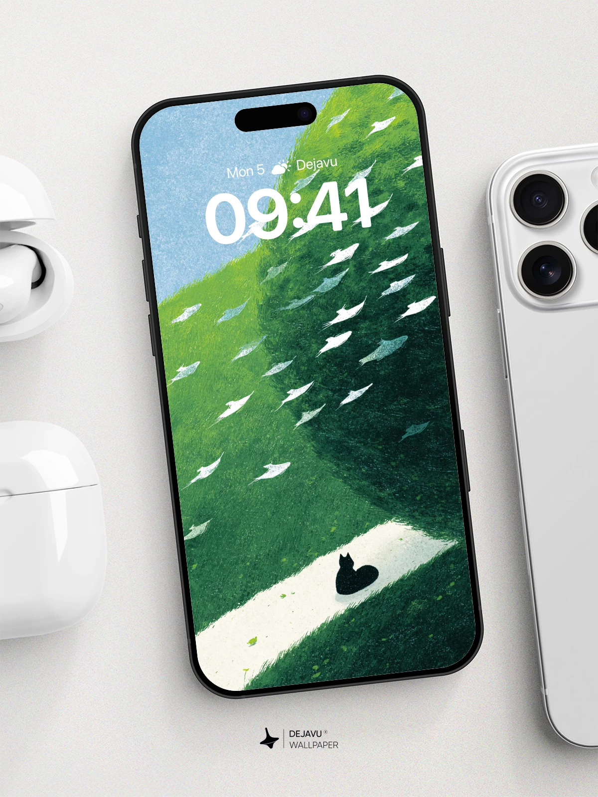 Surreal Green Hills And Flying Birds Wallpaper 8K For iPhone Android