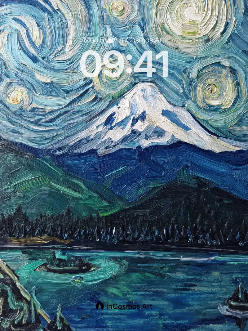 Starry Swirls Wallpaper with Mountain Reflections