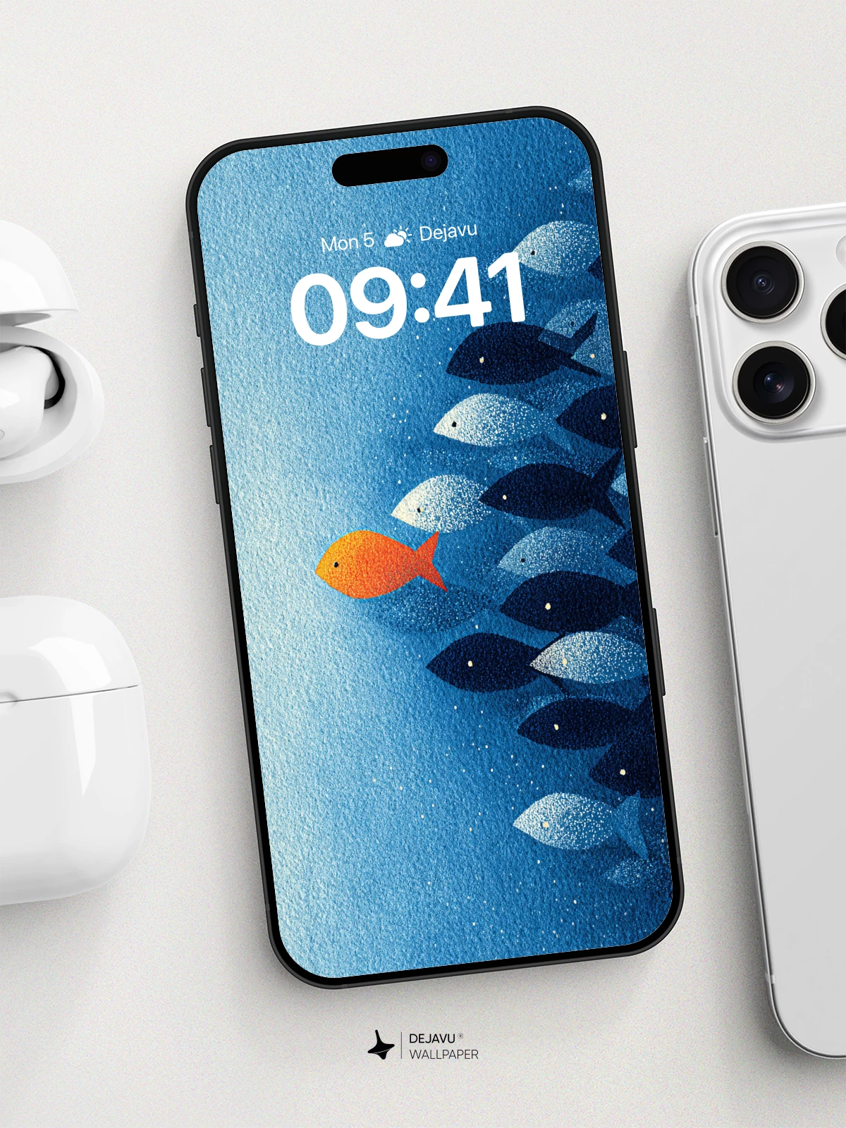 Orange Fish Leading Blue School Wallpaper 8K for iPhone and Android