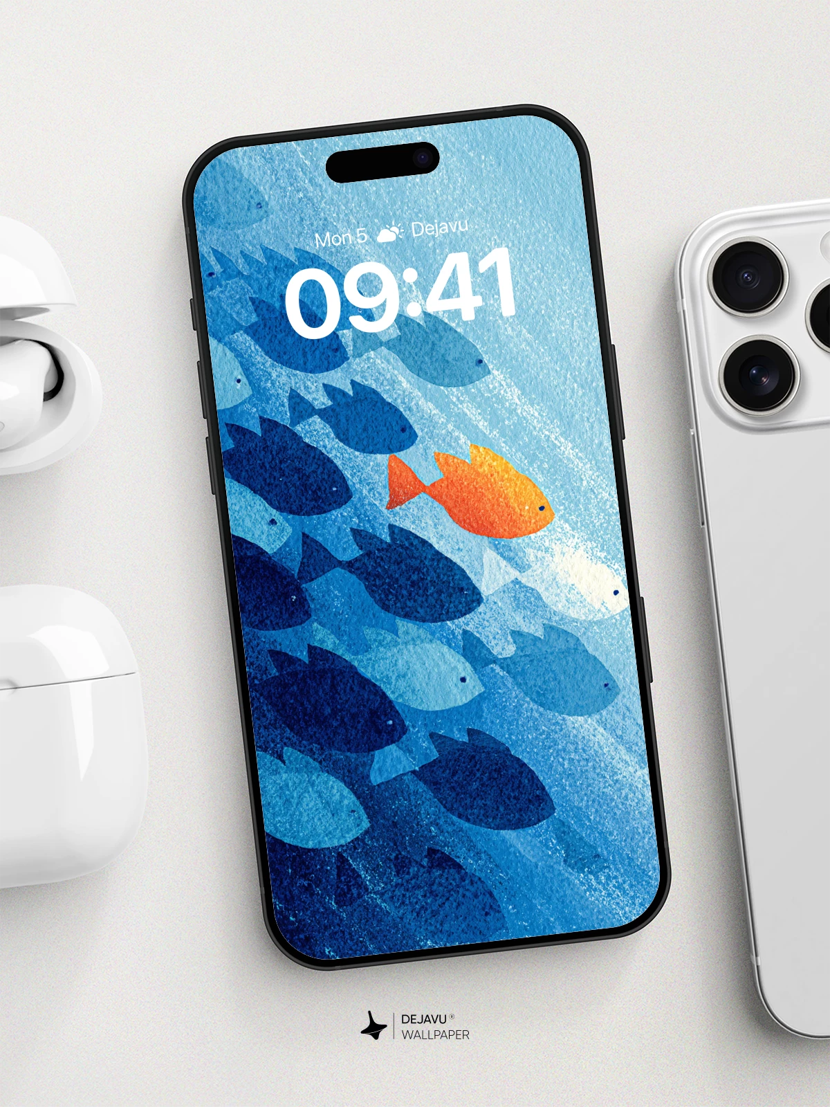 Orange Fish Among Blue School Wallpaper 8K