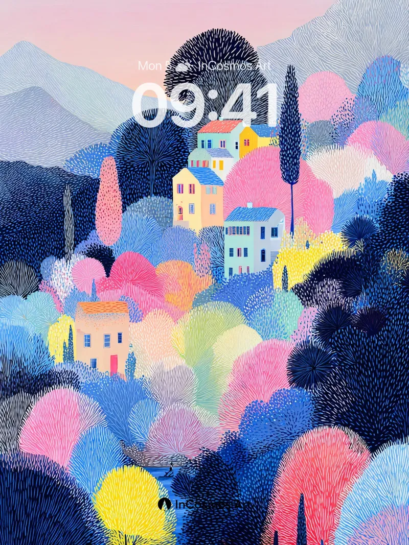 Whimsical Forest Village Wallpaper with Soft Pastels