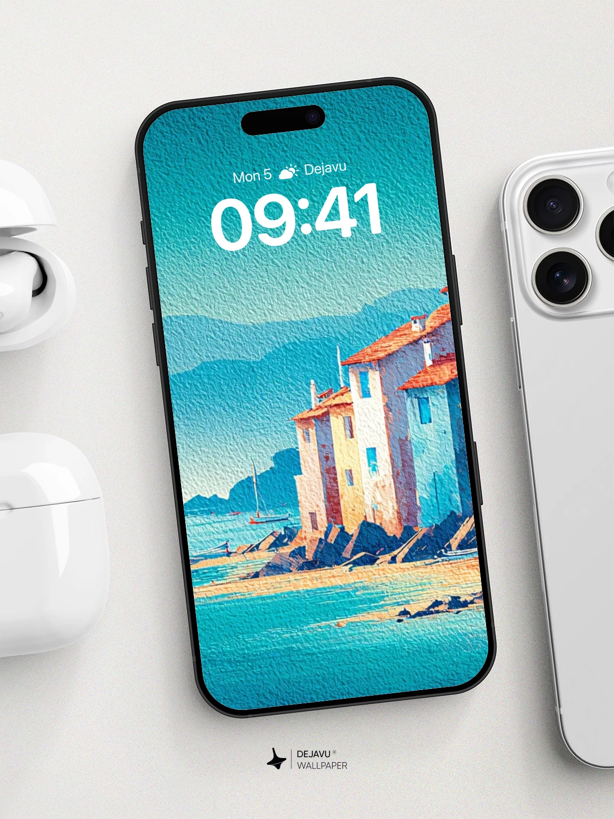 Mediterranean Coastal Village Artistic Wallpaper 8K